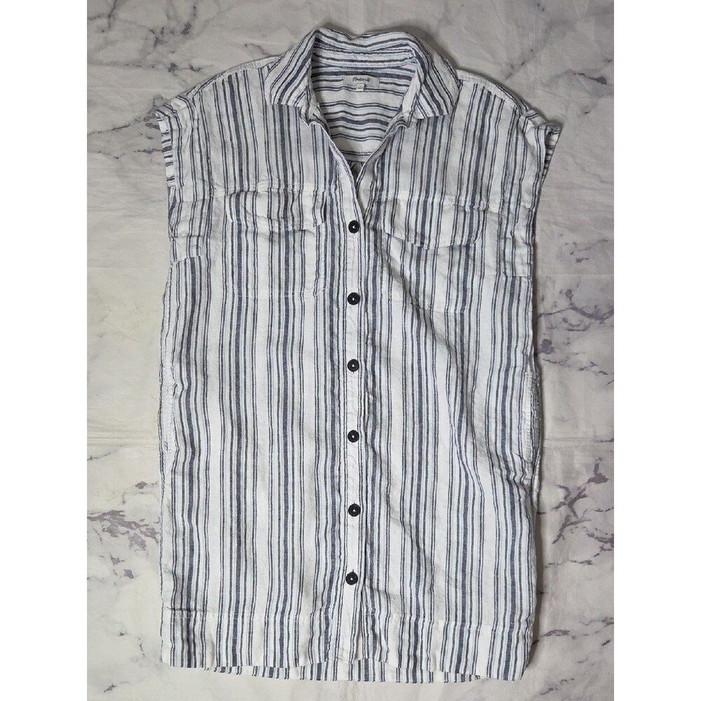 Madewell Utility Button Front Blue & White Striped Linen Dress